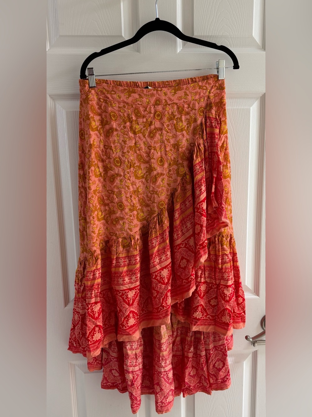 Rustty Dustty Boho Tiered Indie Floral Wrap Maxi Skirt Pink/Orange Women’s Large